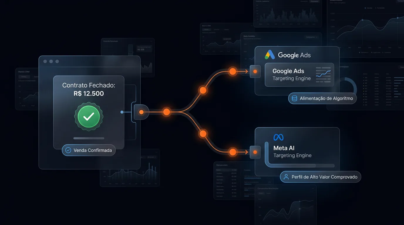Fluxo de inteligência conectando vendas fechadas do CRM aos algoritmos de anúncio