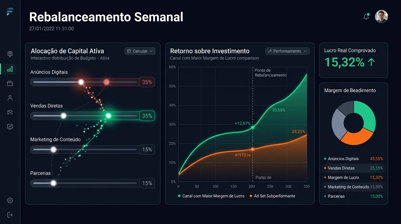 Gráfico executivo de rebalanceamento dinâmico de orçamento priorizando o canal mais lucrativo
