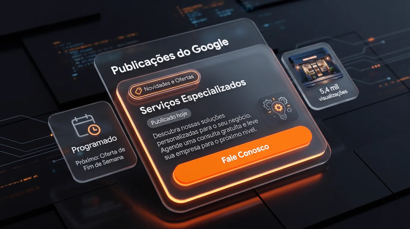 Interface editorial de publicações oficiais do Google Perfil com ofertas ativas e botão de contato