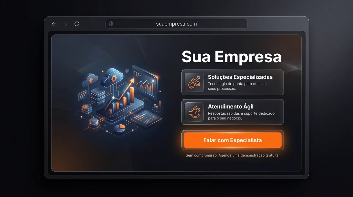Mockup de página de conversão em navegador escuro com domínio suaempresa.com e botão de contato