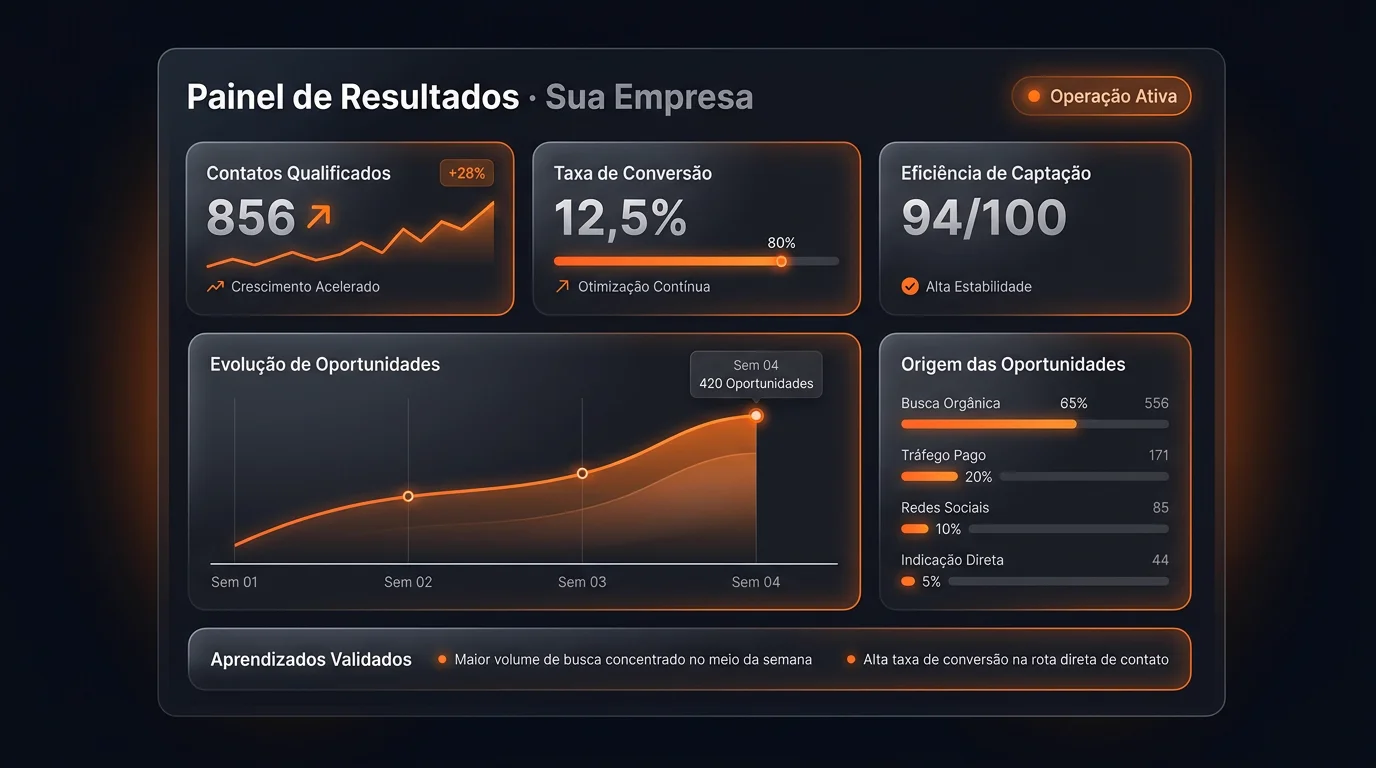 Painel executivo simplificado mostrando status ativo do canal, otimizações e qualidade dos contatos
