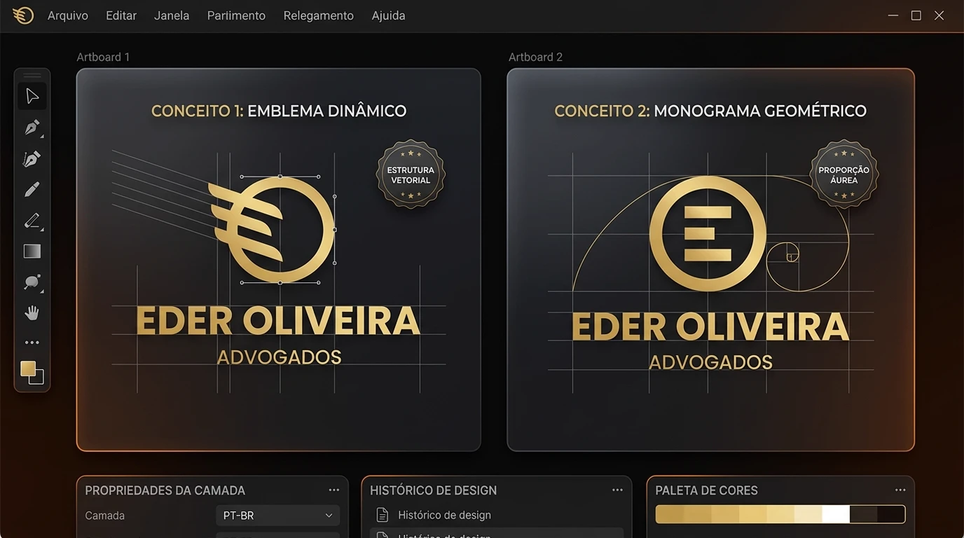 Painel comparativo de dois conceitos visuais reais desenvolvidos para Eder Oliveira Advogados com desenho vetorial e proporção áurea