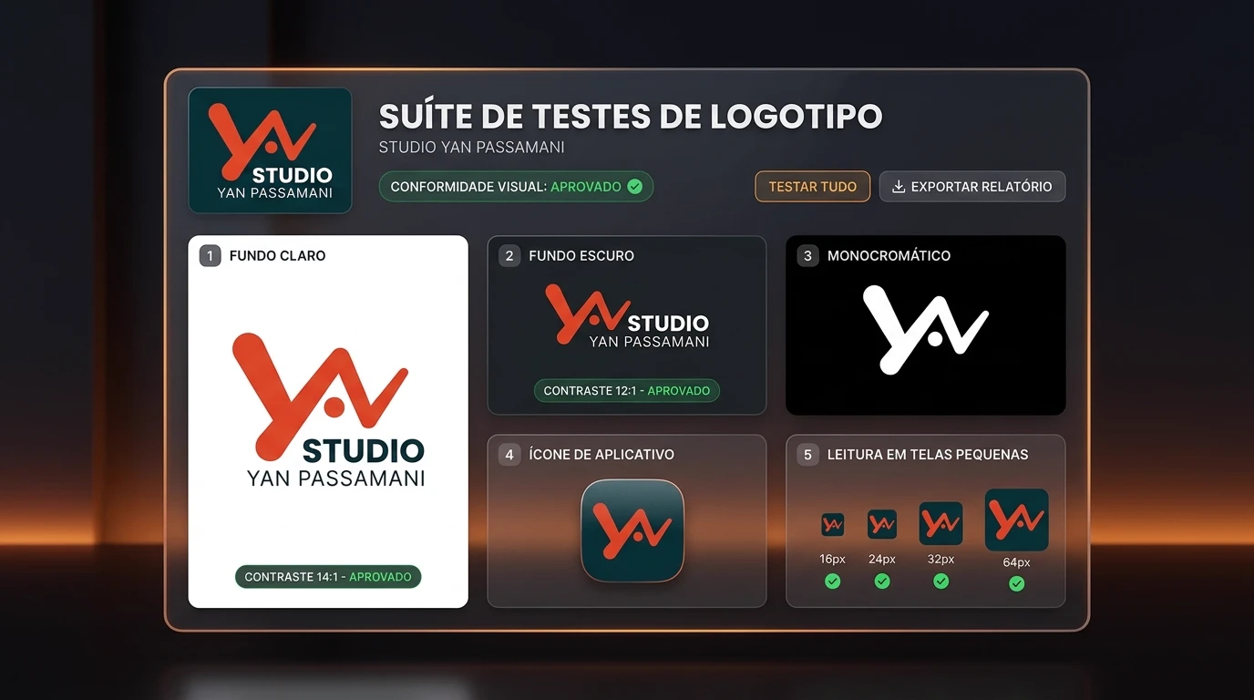 Painel de testes de contraste, monocromia, ícone e escala em pixels com o logotipo real do Studio Yan Passamani