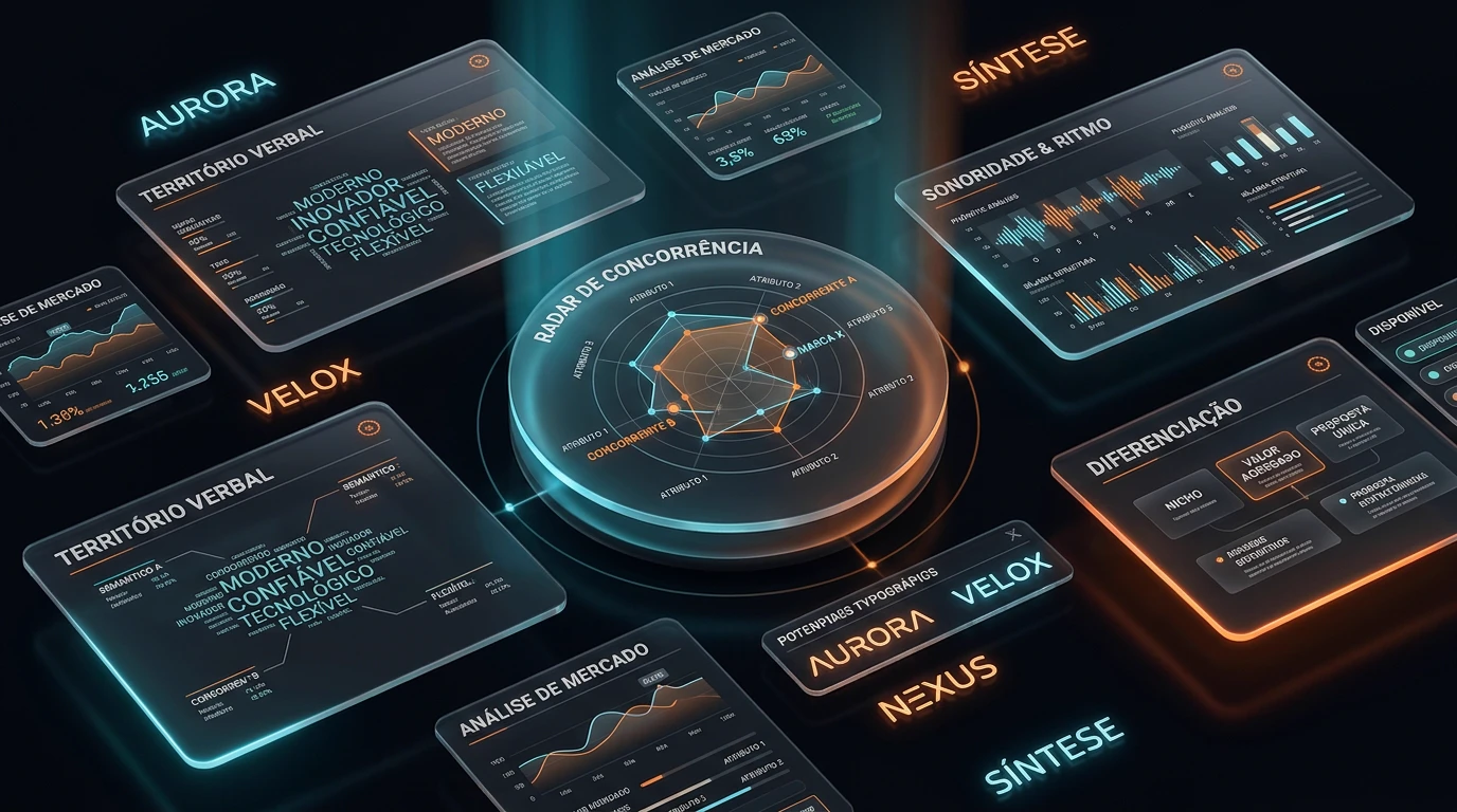 Diagrama de inteligência competitiva com mapeamento de territórios verbais e radar de percepção