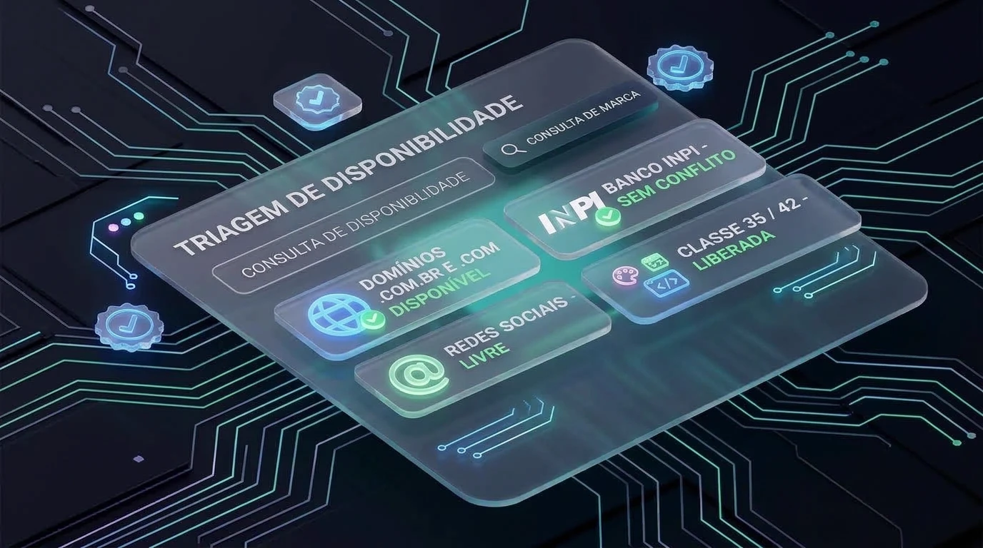 Painel de triagem de anterioridade no INPI e status de disponibilidade de domínios web e mídias sociais