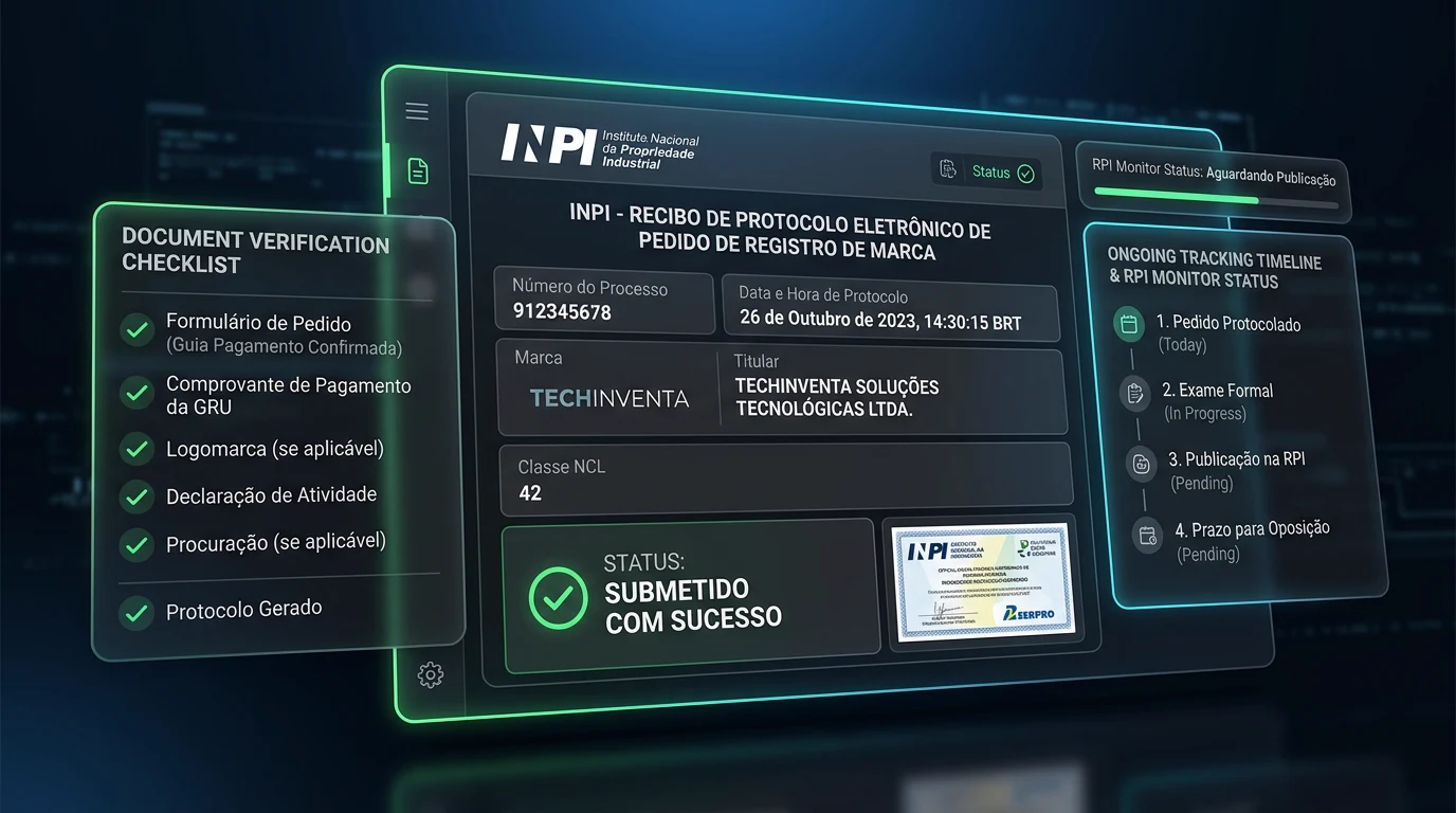 Recibo de protocolo eletrônico de registro de marca emitido pelo INPI com número de processo e checklist